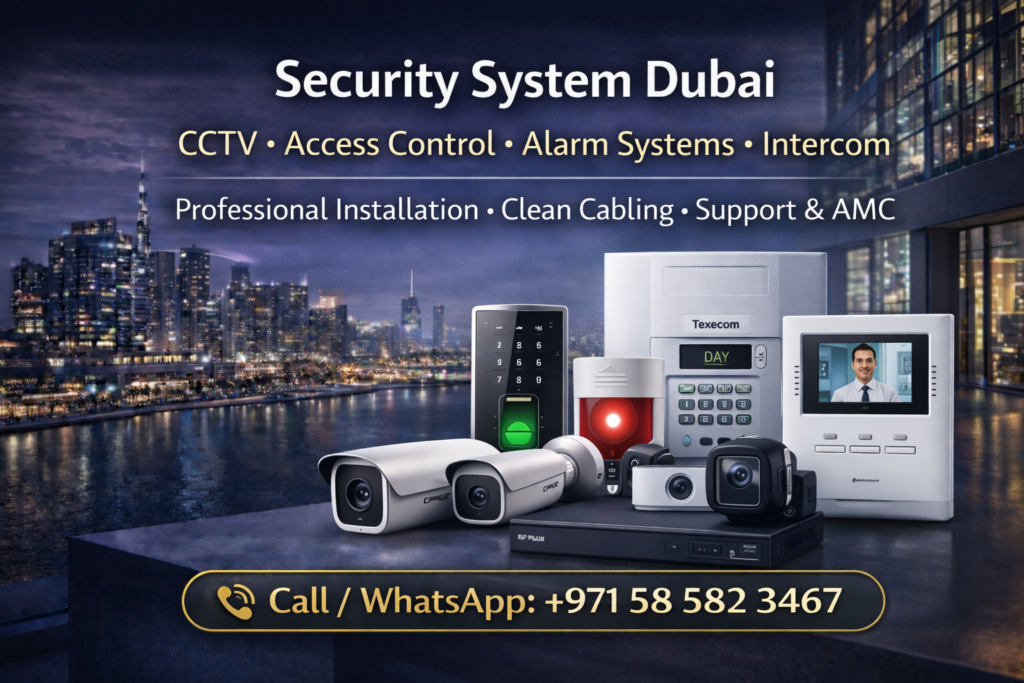 Security system installation in Dubai including CCTV cameras, access control and alarm systems