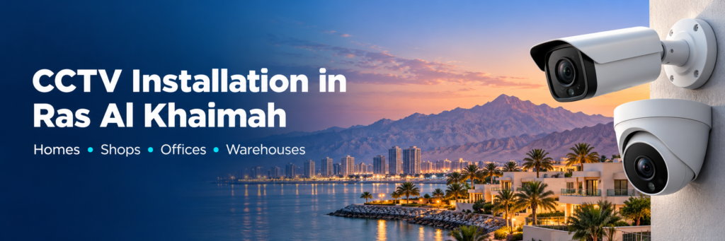CCTV installation in Ras Al Khaimah — security cameras with a coastal and mountain backdrop